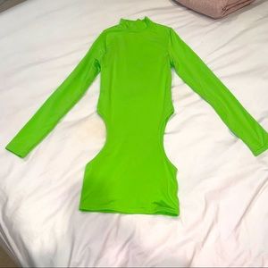 Oh Polly Neon Lime Green Turtleneck Cutout Dress